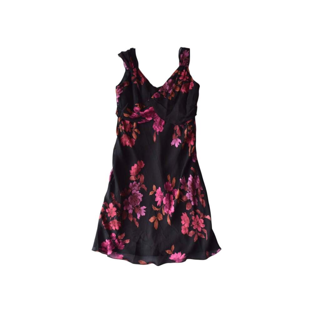 Deadstock Vintage Black Silk Pink Floral Whimsy Midi Dress - 10P
